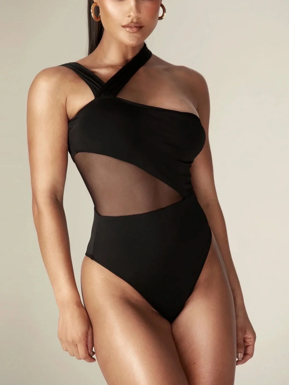 Alieva Black Skylar Prune Mesh Cheeky One Piece Swimsuit Asymmetrical Women’s S